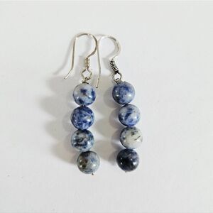 Vintage Sterling Silver Blue Marbled Sodalite Round Beaded Dangle Drop Earrings